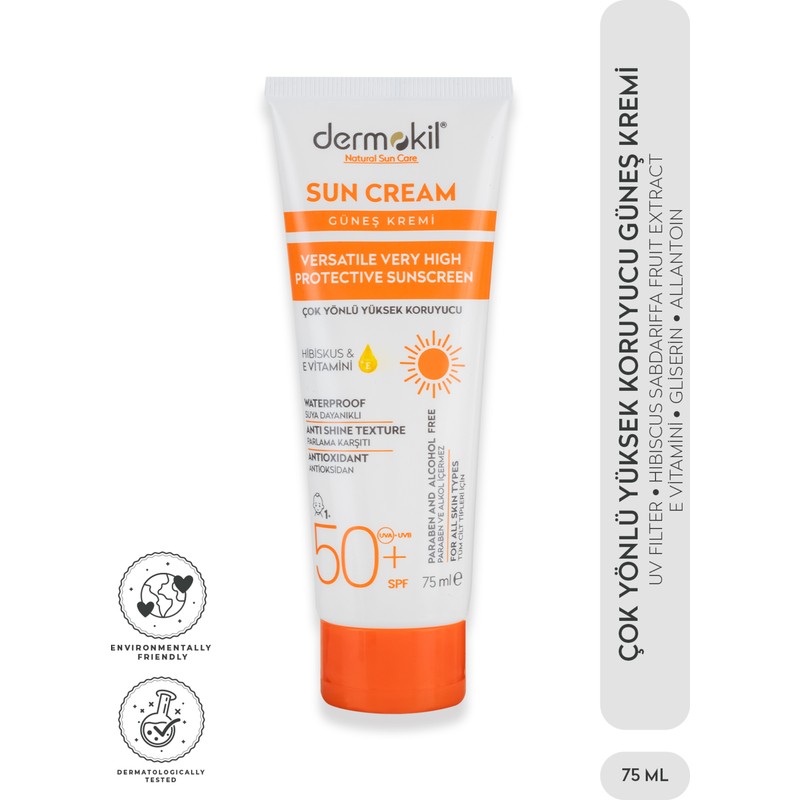 Dermokil SPF 50+ Yüksek Koruyucu Güneş Kremi 75 ml Tüm Cilt Tipleri İçin Suya Dayanıklı