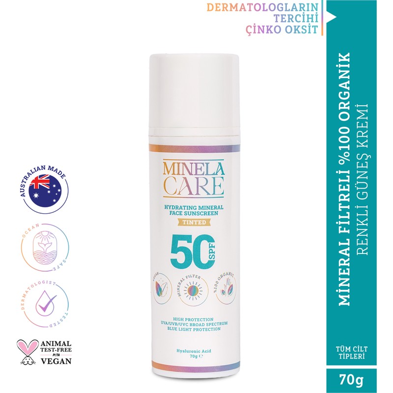 Minela Care Hydrating Organik Mineral Filtreli Renkli Yüz Güneş Kremi Spf 50 70 gr PA++++