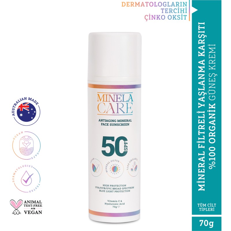 Minela Care Antiaging Organik Mineral Filtreli Yüz Güneş Kremi Spf 50 70 gr PA++++