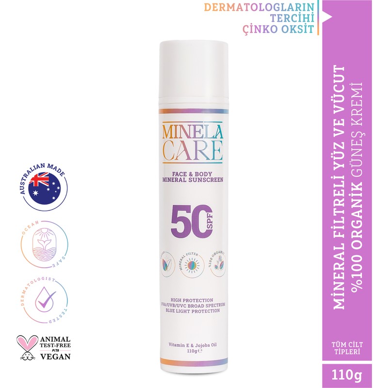 Minela Care 100% Organik Mineral Filtreli Yüz ve Vücut Güneş Kremi Spf 50 110 gr PA++++