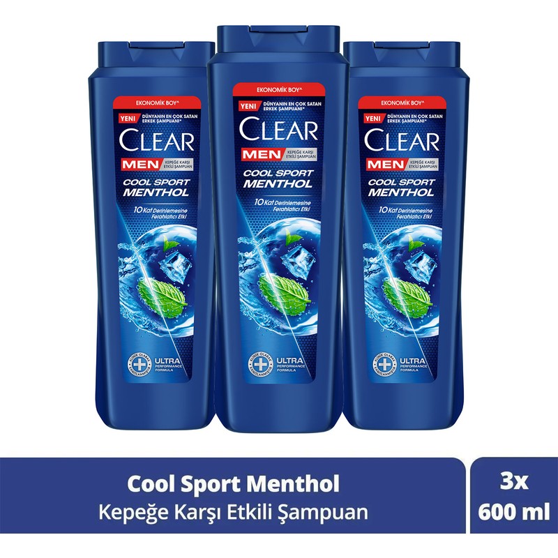 Clear Men Cool Sport Menthol 600 ml x3 Kepeğe Karşı Etkili Şampuan Erkekler İçin Özel Formül