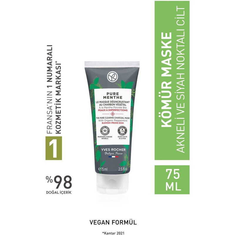 Yves Rocher Karma-Yağlı-Akne/Sivilce Eğilimli Cilt, Siyah Nokta Karşıtı Bitkisel Kömür Maske-Pure Menthe-75ml