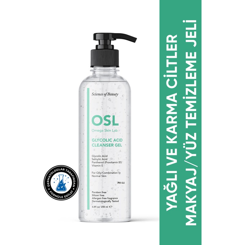 Osl Omega Skin Lab Yağlı Ve Karma Ciltler İçin Makyaj Ve Yüz Temizleme Jeli - Glycolic Cleanser Gel 200ml