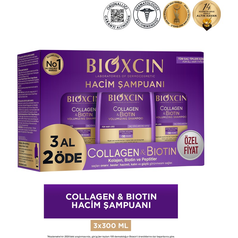 Bioxcin Collagen Biotin 300 ml Hacim Şampuan Zayıf Saçlar İçin Sülfatsız Hacim Verici Etki