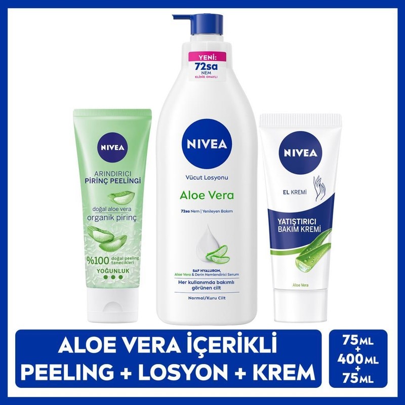 Nivea Aloe Vera El Bakım Kremi 75ml, Yoğun Nemlendirici Vücut Losyon 400ml, Arındırıcı Pirinç Peeling 75ml