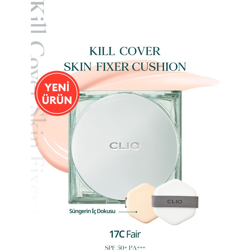 Clio Kalıcı CLIO Kill Cover Skin Fixer Cushion Fondöten 17C Fair SPF50+ PA+++ Pürüzsüz Bitiriş