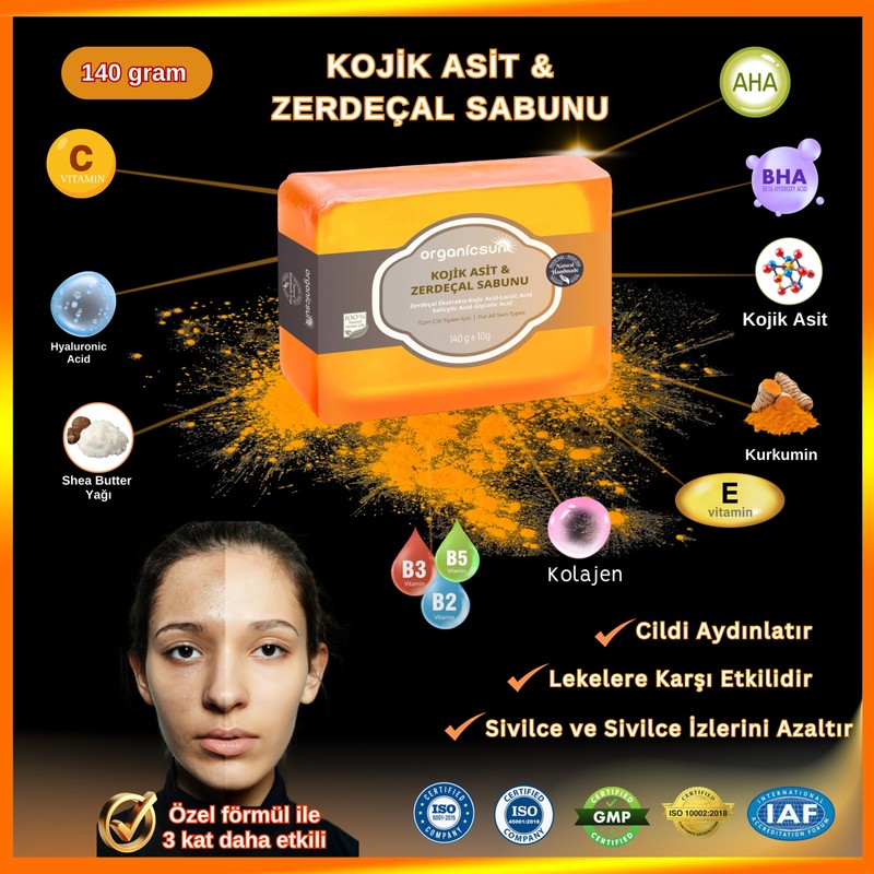 Organicsun Kojik Asit & Zerdeçal Sabunu 140 gr Leke Giderici Aydınlatıcı Sabun Kojic Acid - Kolajen - Aha Bha