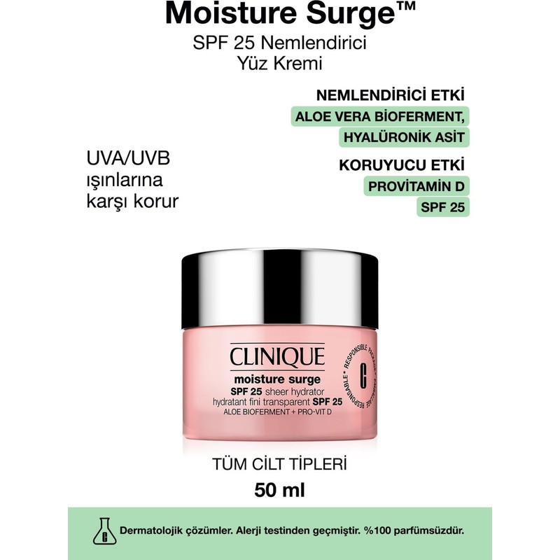 Clinique Moisture Surge™ SPF 25 Nemlendirici Yüz Kremi - 50ml | Aloe Vera BioFerment, Hyalüronik Asit