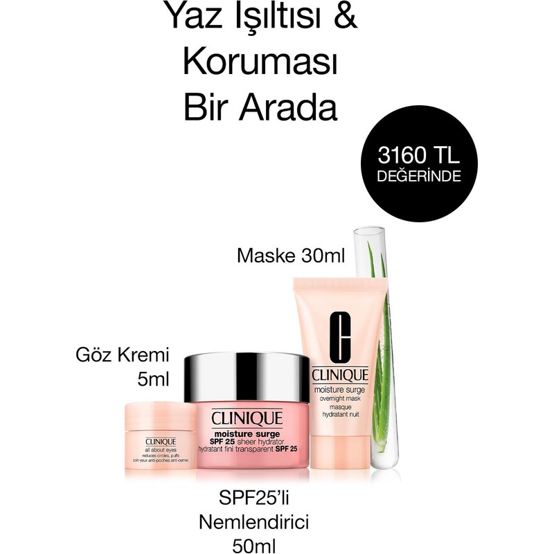 Clinique Moisture Surge™ Cilt Bakım Seti- SPF25 Nemlendirici Yüz Kremi 50ml, Nem Maskesi 30ml, Göz Kremi 5ml