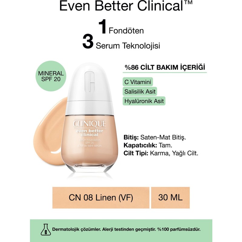 Clinique Even Better Clinical™ Serum Fondöten SPF 20 CN 08 Linen (VF) 30ml Saten-Mat Bitişli Tam Kapatıcılık