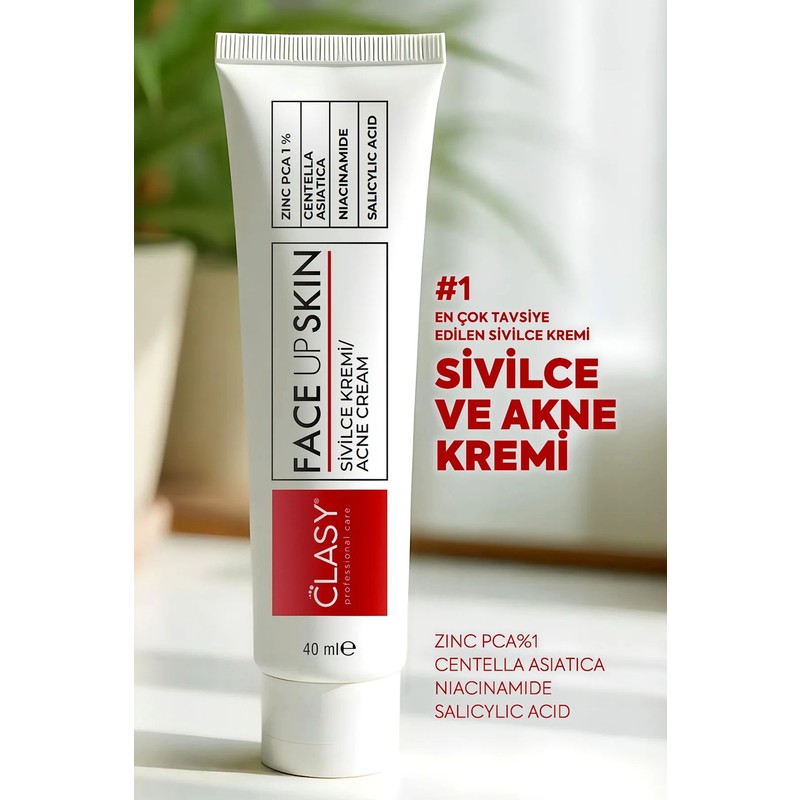 Clasy Care Face Up Skin Sivilce ve Akne Karşıtı Krem 40 ml – Tüm Cilt Tipleri İçin, Zinc PCA %1, Centella, Niacinamide ve Salisilik Asit İçerikli