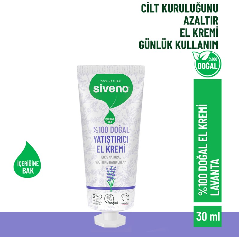Siveno %100 Doğal El Ve Vücut Kremi Lavanta Cilt Yatıştırıcı Onarıcı Yoğun Nemlendirici Vegan 30 ml