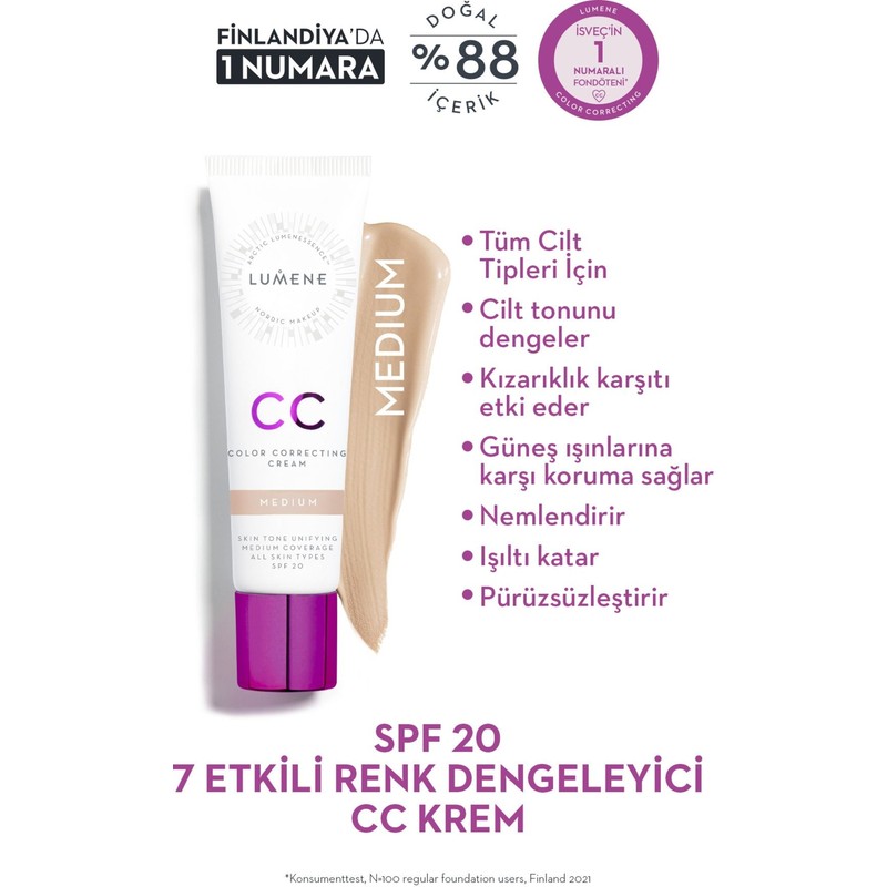Lumene CC Krem 7 Etkili Renk Dengeleyici SPF 20 Orta Tüm Cilt Tipleri İçin Nemlendirici