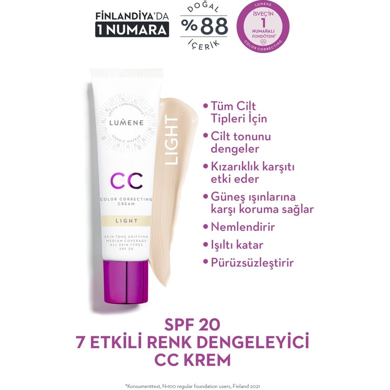 Lumene CC Krem 7 Etkili Renk Dengeleyici SPF 20 Tüm Cilt Tipleri İçin Nemlendirici Krem Açık