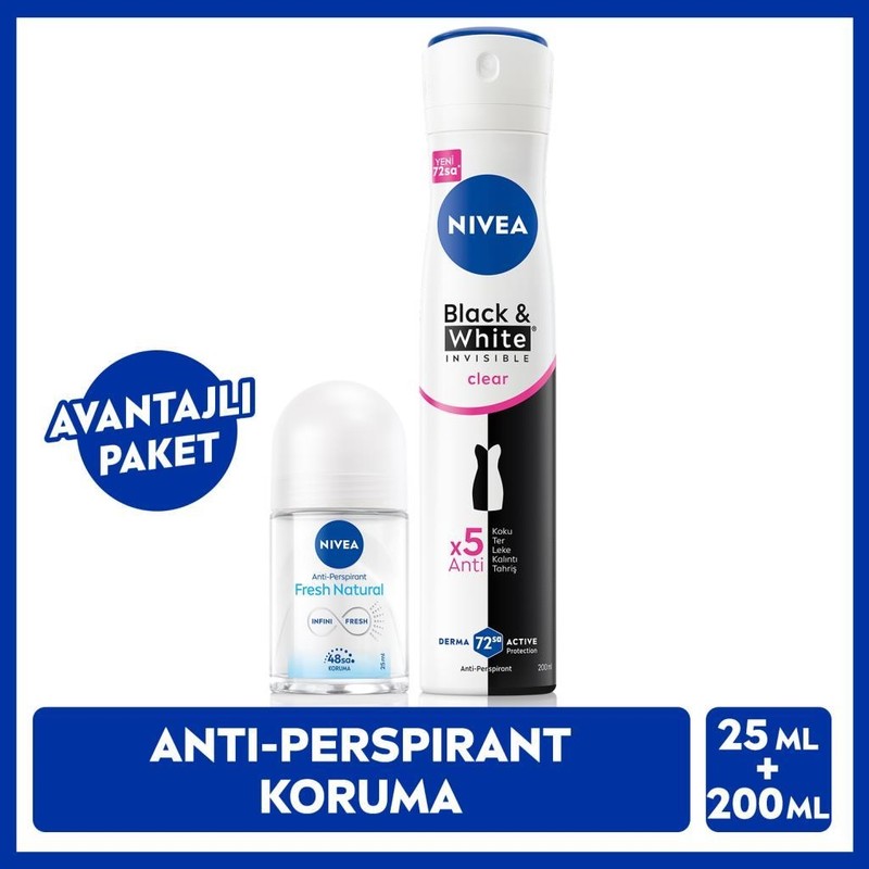 Nivea Kadın Sprey Deodorant Black & White Invisible Clear 200 ml ve Mini Roll-On 25 ml, Avantajlı Paket