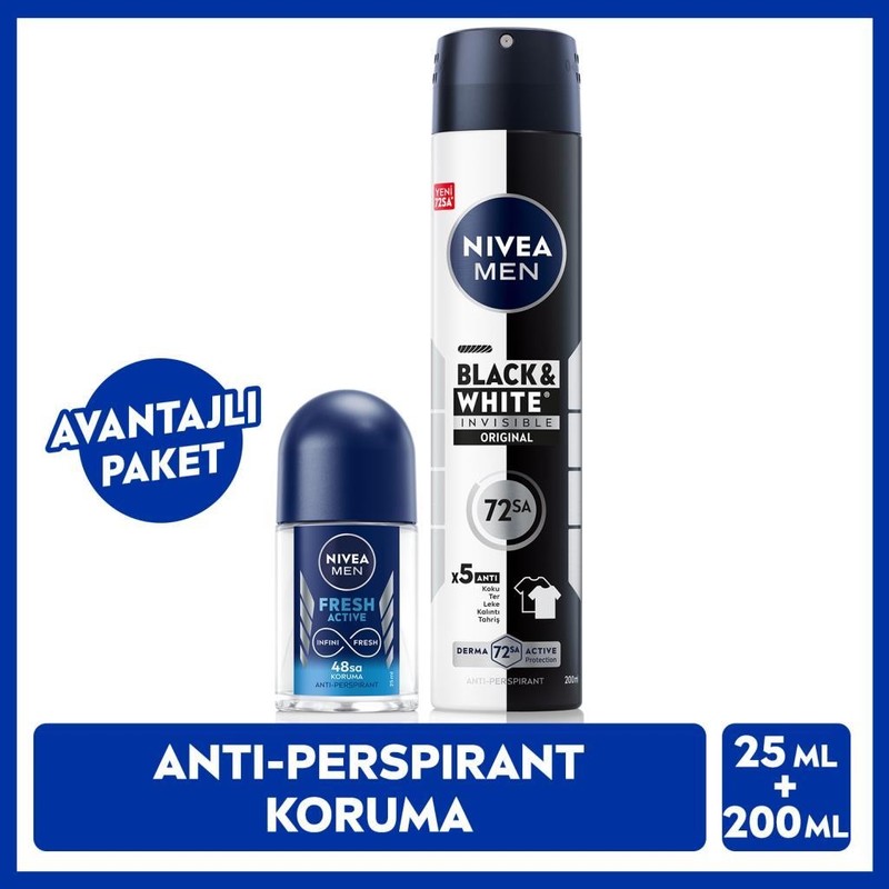 Nivea Men Erkek Sprey Deodorant Black & White Invisible Original 200 ml ve Fresh Active Mini Roll-On 25