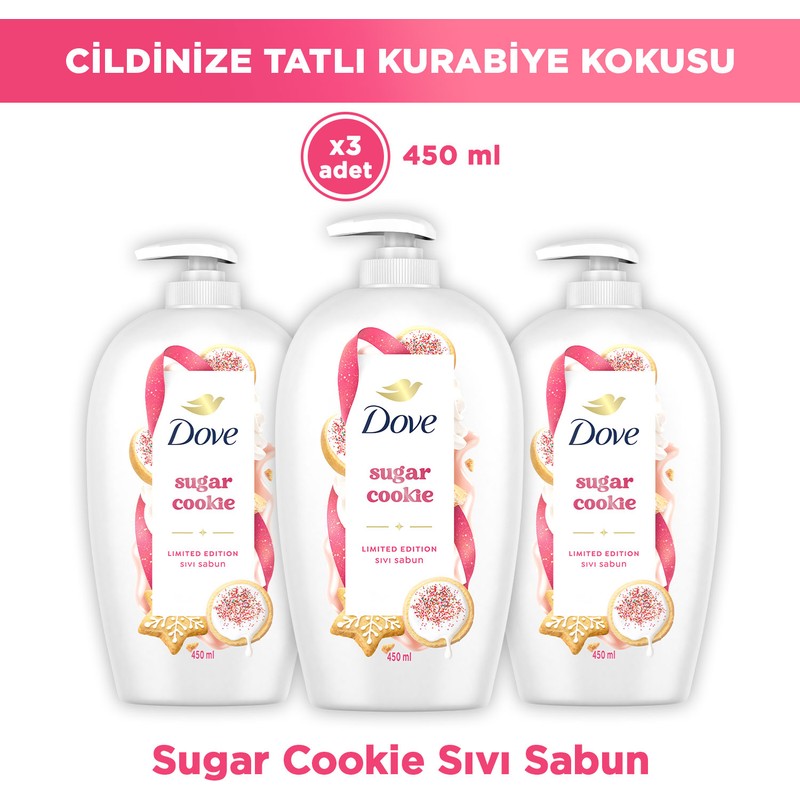 Dove Sıvı Sabun Tatlı Kurabiye Kokulu 1/4 Nemlendirici Kremli Hassas Cilt 450 ml 3'lü Paket