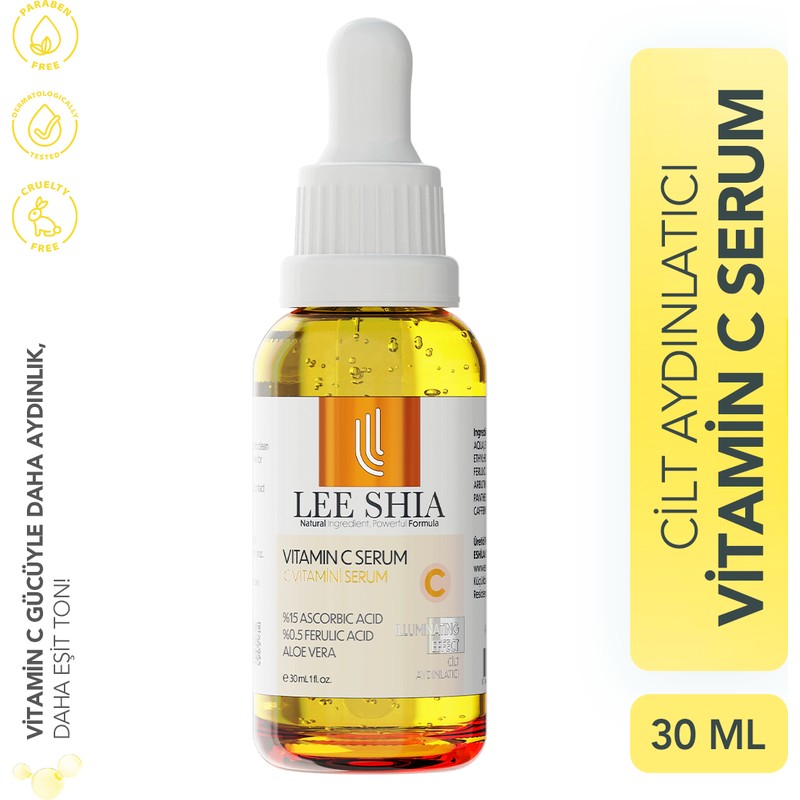 Lee Shia Vitamin C Serum 30 ML - Cilt Lekeleri, Renk Eşitsizliği ve Donuk Görünüme Karşı (%15 Ascorbic Acid, %0.5 Ferulic Acid, %0.5 Aloe Vera)