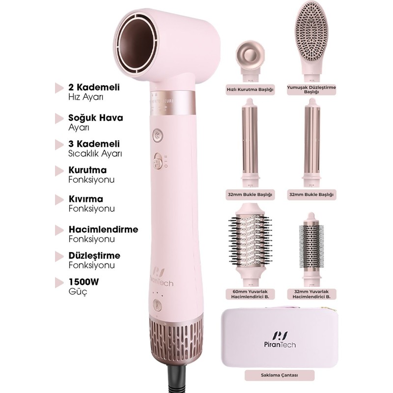 Pirantech KS-611 Airbreeze 6 Başlıklı Saç Şekillendirme Ve Kurutma Seti - Bukle, Hacim, Hızlı Kurutma