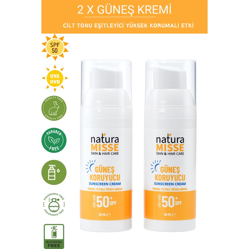 Naturamisse Doğal Güneş Kremi Uva Uvb Spf 50 Yüksek Koruma Leke Karşıtı Bakım Nemlendirici Su Bazlı Krem 2 x 50 ml