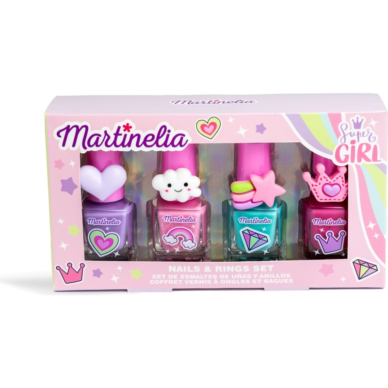 Martinelia Super Girl Kız Çocuk Renkli Oje ve Yüzük Seti 4'lü Eğlenceli Makyaj Ürünü