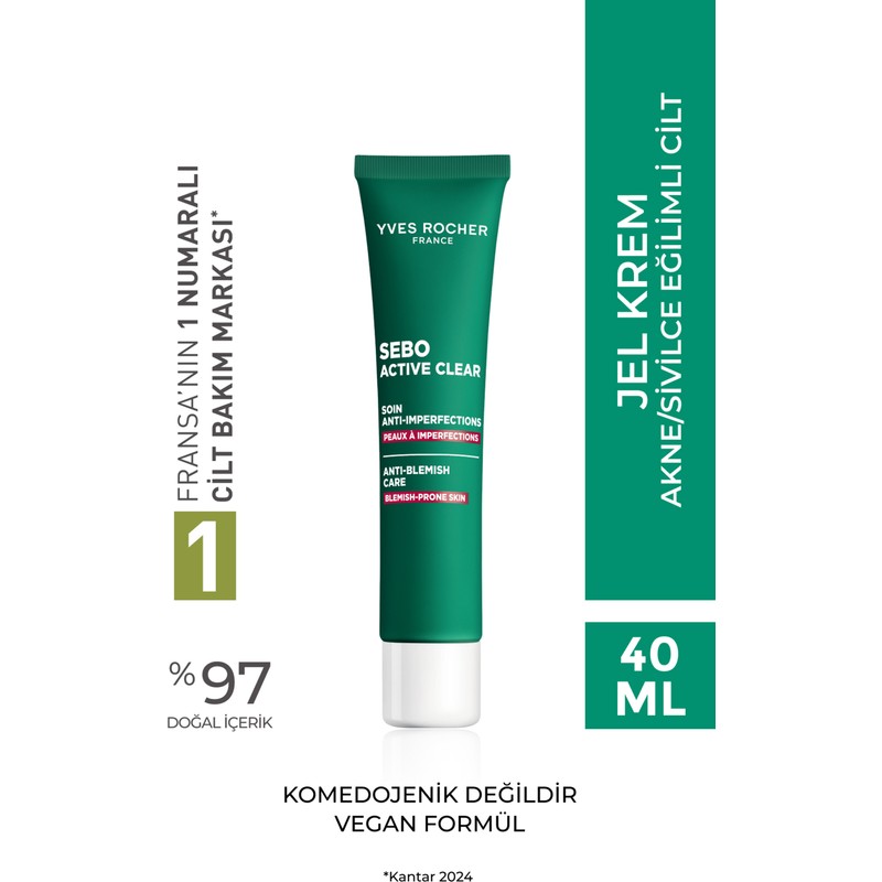 Yves Rocher Akne/Sivilce Karşıtı Krem-Süksinik Asit&Allantoin&Aloe Vera-Sebo Active Clear Botanik Kompleks-40ml