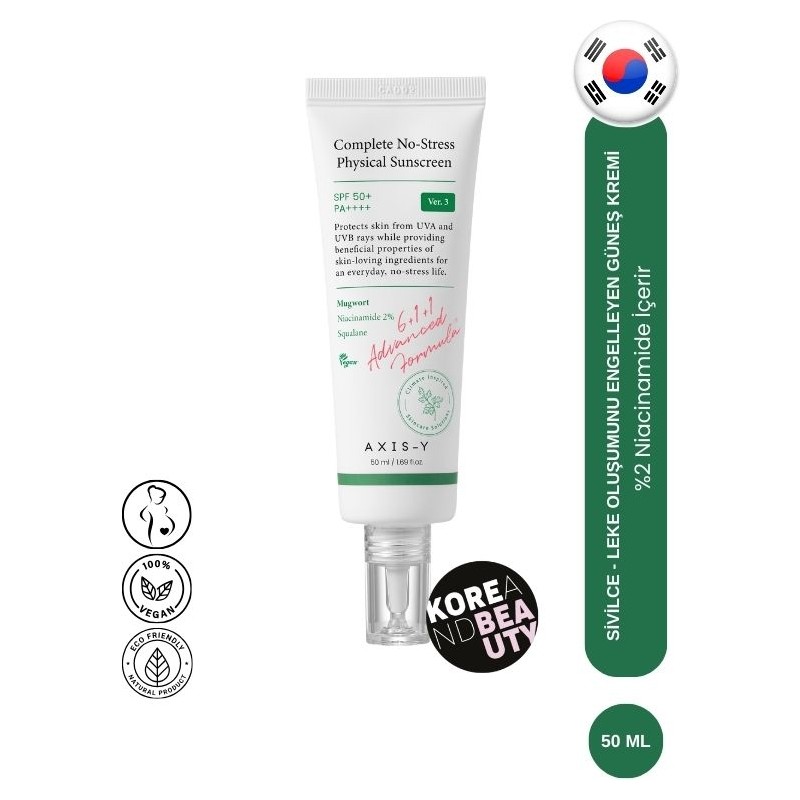 Axis-y Complete No-Stress Physical Sunscreen (V3) 50 ml, Sivilce Karşıtı Fiziksel Yüz Güneş Kremi