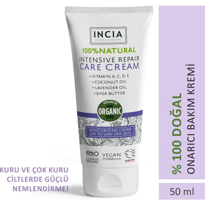 INCIA %100 Doğal Onarıcı Bakım Kremi Yoğun Nemlendirici Cilt Bakım Lavanta Avokado Shea Vegan 50 ml