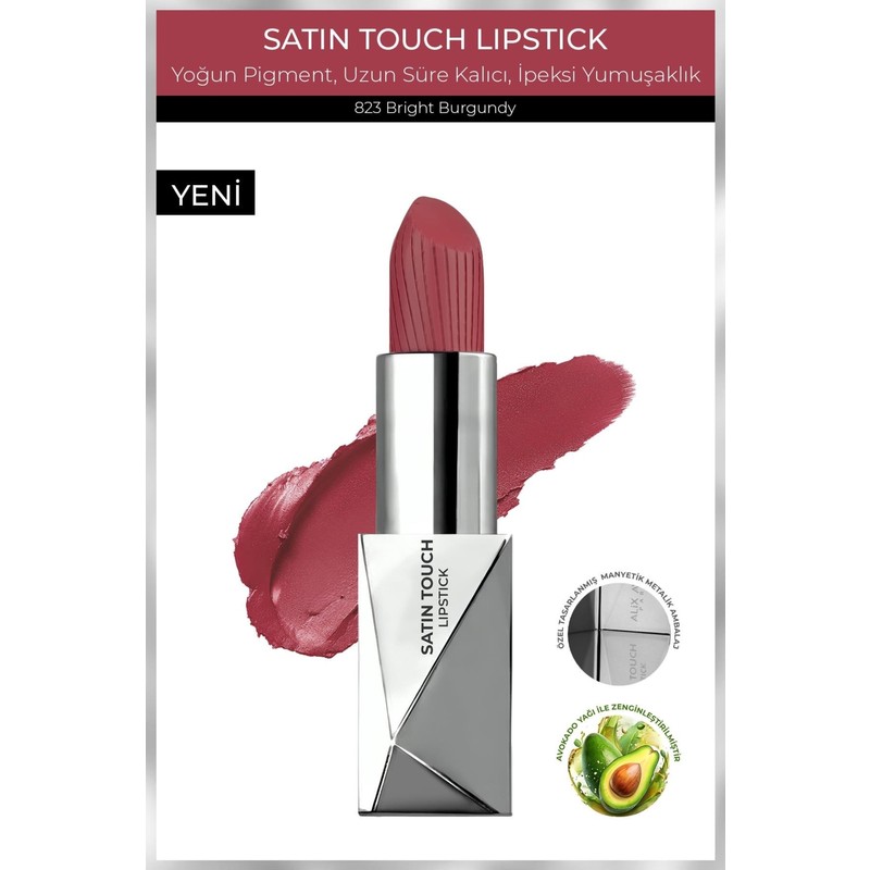 Alix Avien Uzun Süre Kalıcı Nemlendirici Pürüzsüz Etkili Yarı Mat Ruj -Satin Touch Lipstick 823 Bright Burgundy