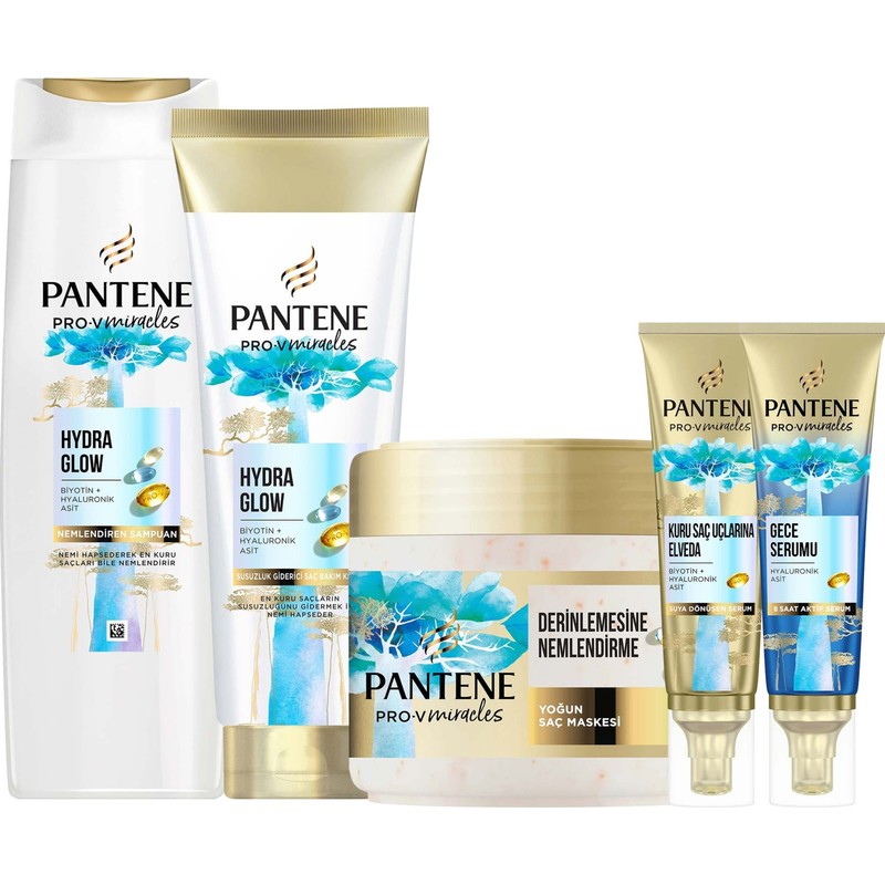 Pantene Miracles Hydra Glow Şampuan 325 ml - Saç Kremi 300 ml - Maske 300 ml - Gece Serumu 70 ml - Gündüz Serumu 70 ml