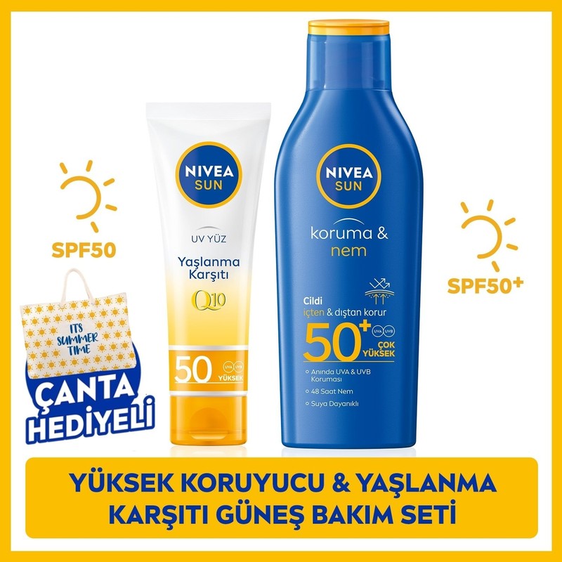 Nivea SUN Güneş Koruyucu Vücut Losyonu SPF50 200ml ve Q10 Yaşlanma Karşıtı Yüz Bakım Kremi SPF50 50ml