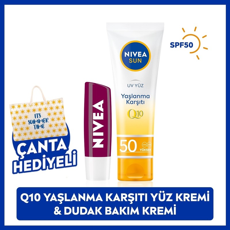 Nivea SUN Q10 Yaşlanma Karşıtı Güneş Koruyucu Yüz Kremi 50ml ve Böğürtlen Dudak Bakım Kremi, Çanta Hediye