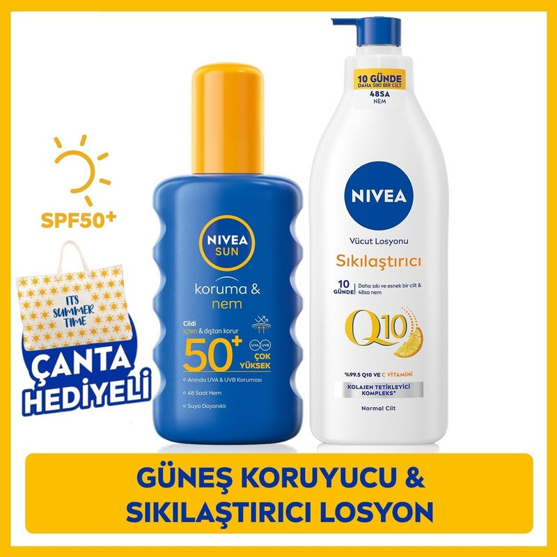 Nivea SUN Güneş Koruyucu Vücut Spreyi 200ml SPF50 ve Q10 Sıkılaştırıcı Vücut Losyonu 200ml, Çanta Hediye