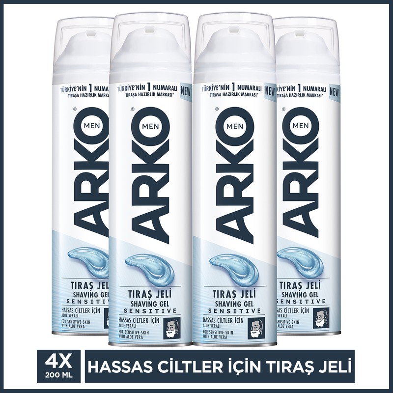 Arko Men Hassas Ciltler İçin 4 x 200 ml Tıraş Jeli Aloe Vera Özlü Etkili Koruma