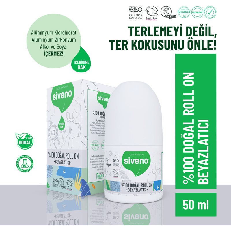 Siveno %100 Doğal Roll On Beyazlatıcı Etkili Deodorant Ter Kokusu Önleyici Bitkisel Lekesiz Vegan 50 ml