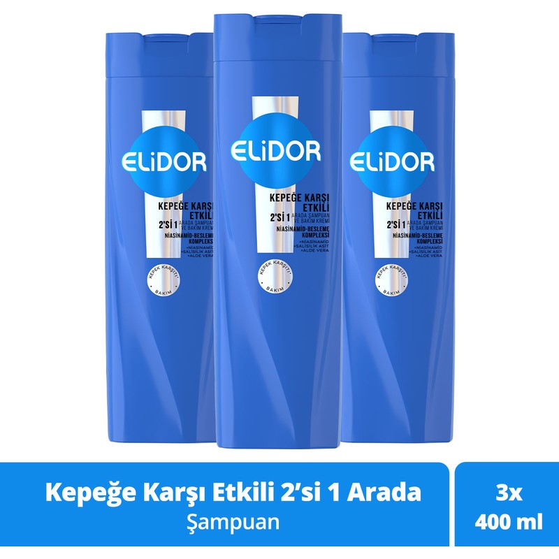 Elidor Superblend Şampuan ve Bakım Kremi Kepeğe Karşı Etkili 2'si 1 Arada B3 Vitamini Çay Ağacı Yağı Aloe Vera 400 ml X3