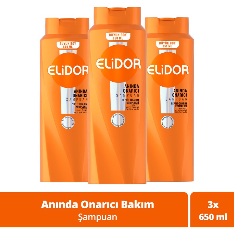 Elidor Anında Onarıcı Bakım Saç Bakım Şampuanı 650 ml x 3 Boyalı Saçlar İçin Arındırıcı Etki