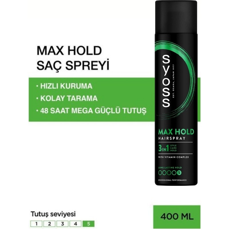 Syoss Saç Spreyi 400 ml – Maksimum Tutuş ve Vitamin Kompleksi ile Kolay Tarama, Gün Boyu Kalıcı Şekillendirme