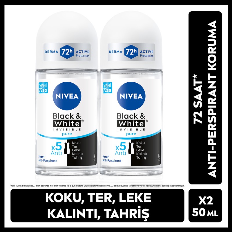 Nivea Kadın Deodorant Roll-On Invisible Black & White Pure 50 ml 2'li Koku, Ter, Leke Koruma