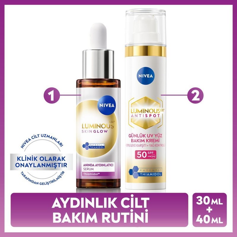 Nivea SPF50 LUMINOUS630 Leke Karşıtı Gündüz Yüz Güneş Kremi 40 ml ve Aydınlatıcı Serum 30 ml Tüm Cilt Tipleri İçin