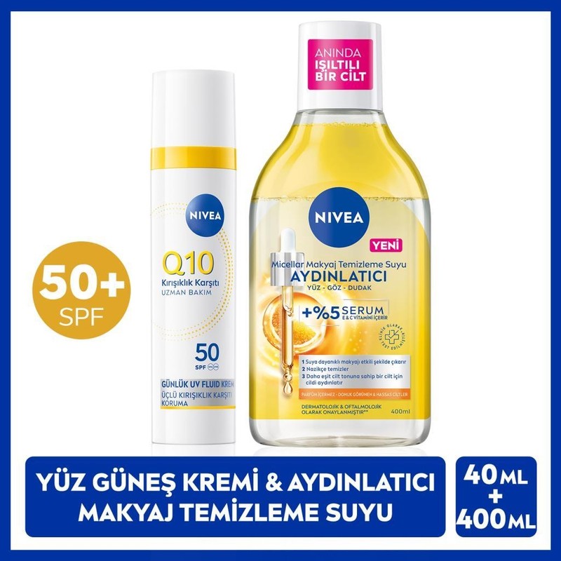 Nivea Q10 SPF50 Güneş Koruyucu Yüz Bakım Kremi 40ML ve Micellar Makyaj Temizleme Suyu 400ML