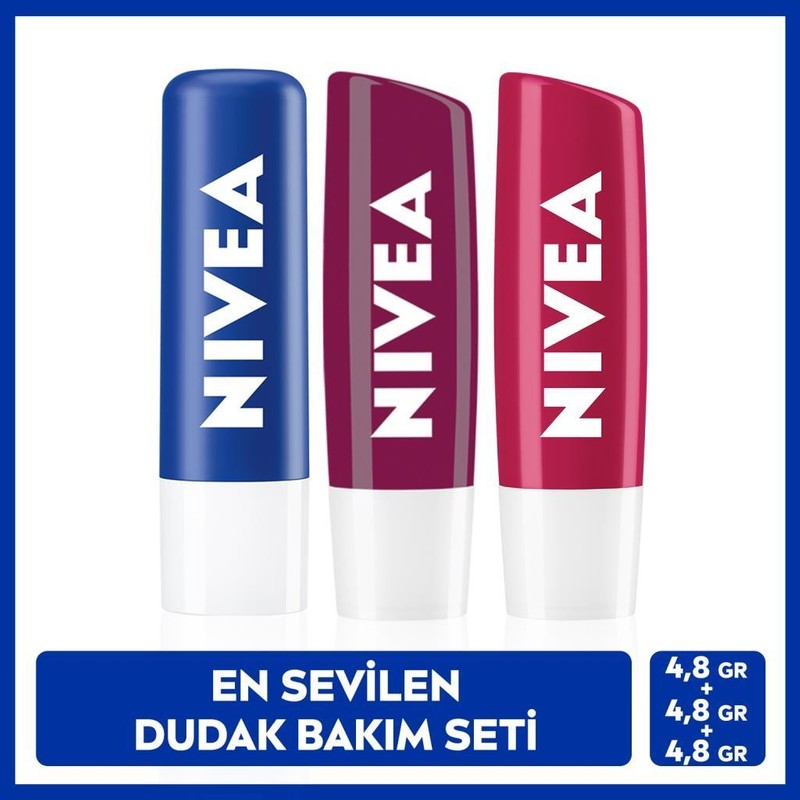 Nivea Original Care Renksiz Dudak Bakım Kremi 4.8gr, Böğürtlen Dudak Parlatıcı ve Kiraz Renkli Dudak Kremi