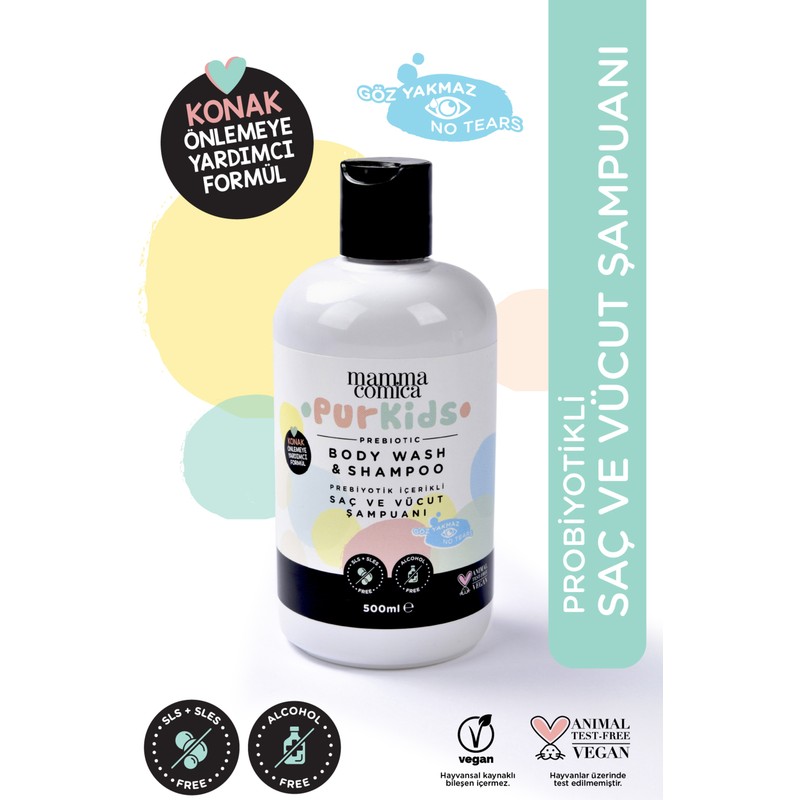 MammaComica Dough Mammacomica Purkids Vegan Dengeleyici Prebiotikli Saç ve Çocuk Şampuanı 500 ml Parabensiz