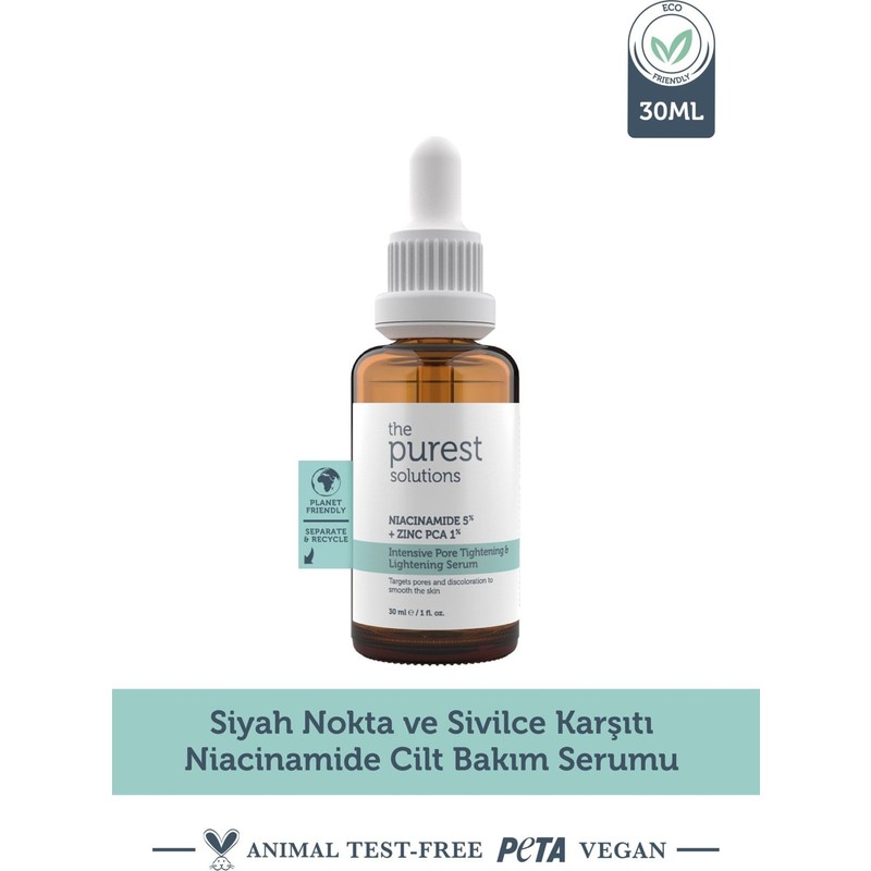 Purest The Purest Solutions Siyah Nokta ve Sivlce Karşıtı Niacinamide Cilt Bakım Serumu 30 ml (Niacinamide 5% & Zinc Pca 1%)