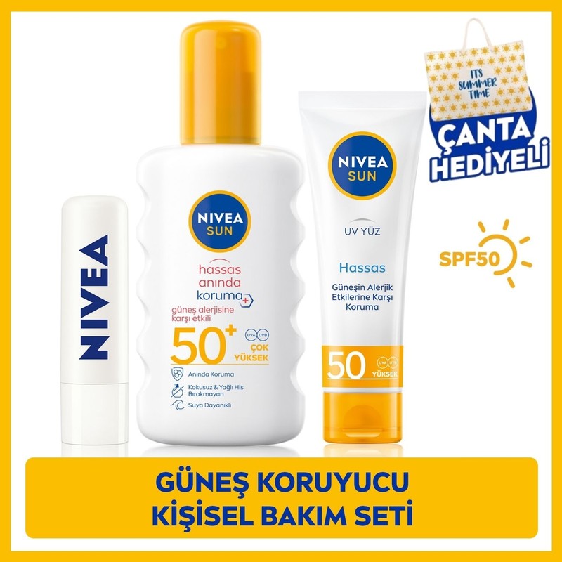 Nivea SUN SPF50 Hassas Güneş Koruyucu Vücut Spreyi 200ml, Yüz Güneş Koruyucu 50ml, Renksiz Dudak Bakım Kremi, Plaj Çantası Hediye, Kişisel Bakım Seti, Güneş Bakım