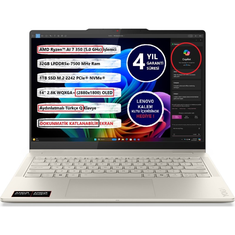 Lenovo Yoga 7 2-In-1 14AKP10 Amd Ryzen Aı 7 350 32GB Ram 1tb SSD 14" Freedos 83JR004PTR Dokunmatik Bilgisayar - En Uygun Fiyatlarla Piinti'de