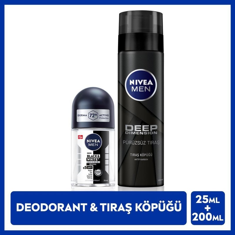 Nivea Men Erkek Tıraş Köpüğü Deep Dimension 200ML ve Mini Roll-On Deodorant Black&white Original 25ML