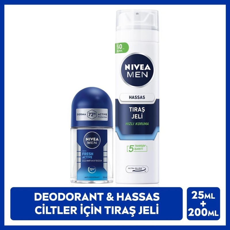 Nivea Men Erkek Hassas Ciltler Için Koruyucu Tıraş Jeli 200ML ve Mini Roll-On Deodorant Fresh Active 25ML