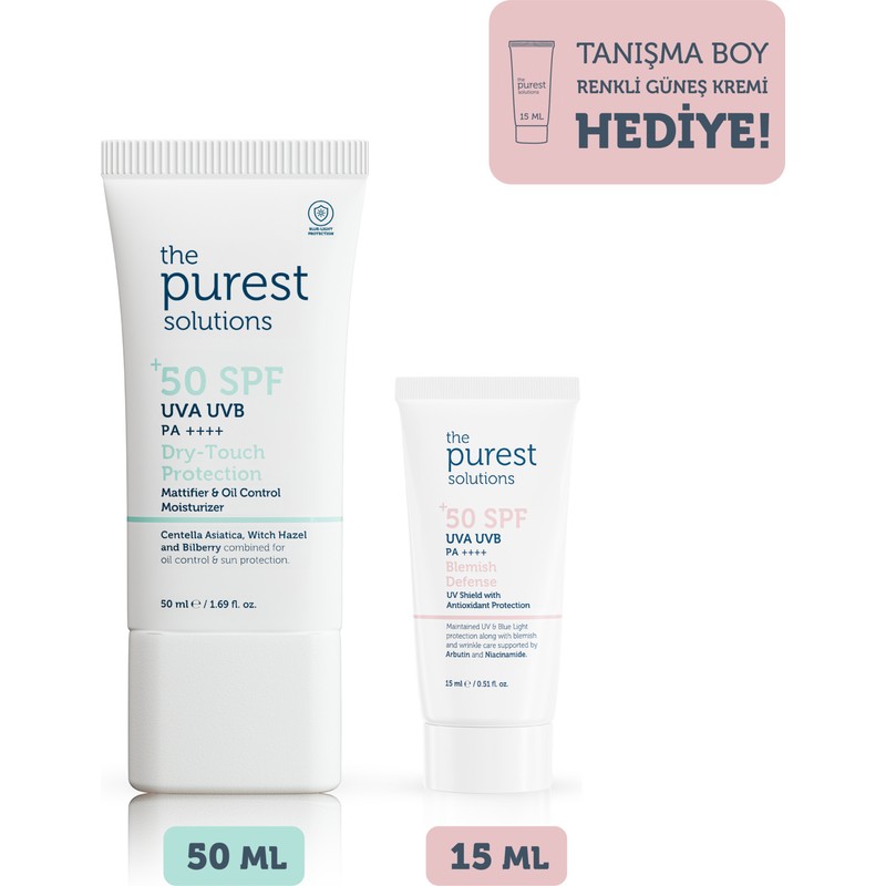 The Purest Solutions Matlaştırıcı Güneş Kremi Cilt Bakım Seti: 50 ml Spf 50 + 15 ml Blemish Defense Tanışma Boy