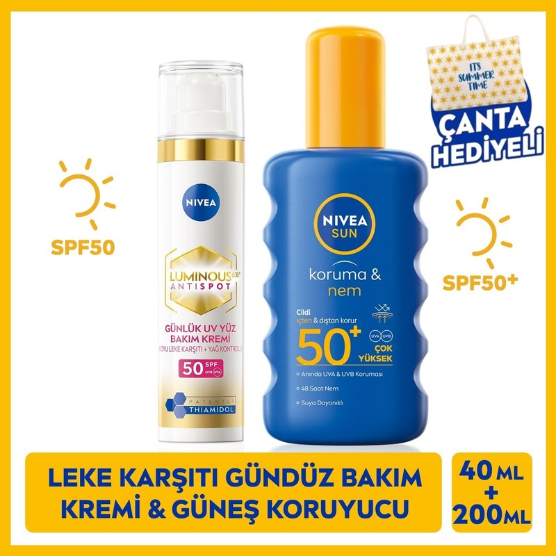 Nivea SUN SPF50 Nemlendirici ve Güneş Koruyucu Vücut Spreyi 200ml, Thiamidol Etkili Leke Karşıtı Gündüz Yüz Bakım Kremi 40ml, Plaj Çantası Hediye, Hyaluronik Asit, Güneş Bakım